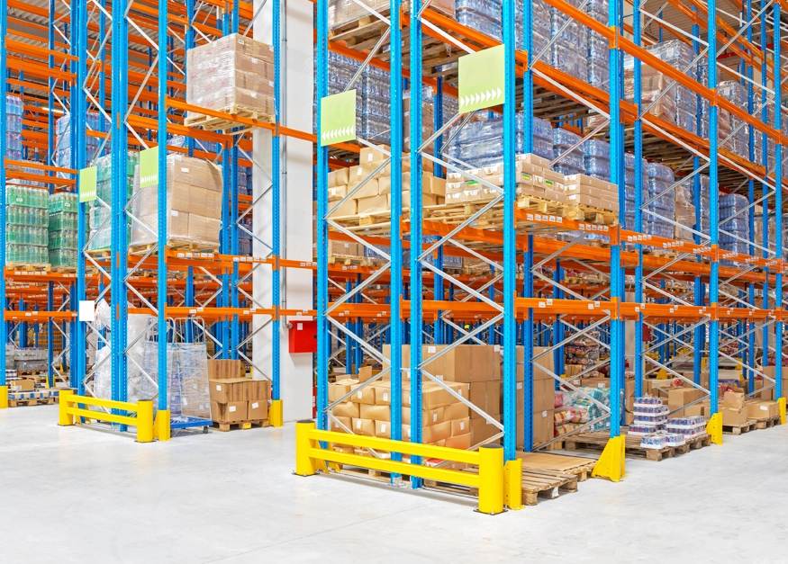 Pallet racks for the warehouse with metal racking structures.