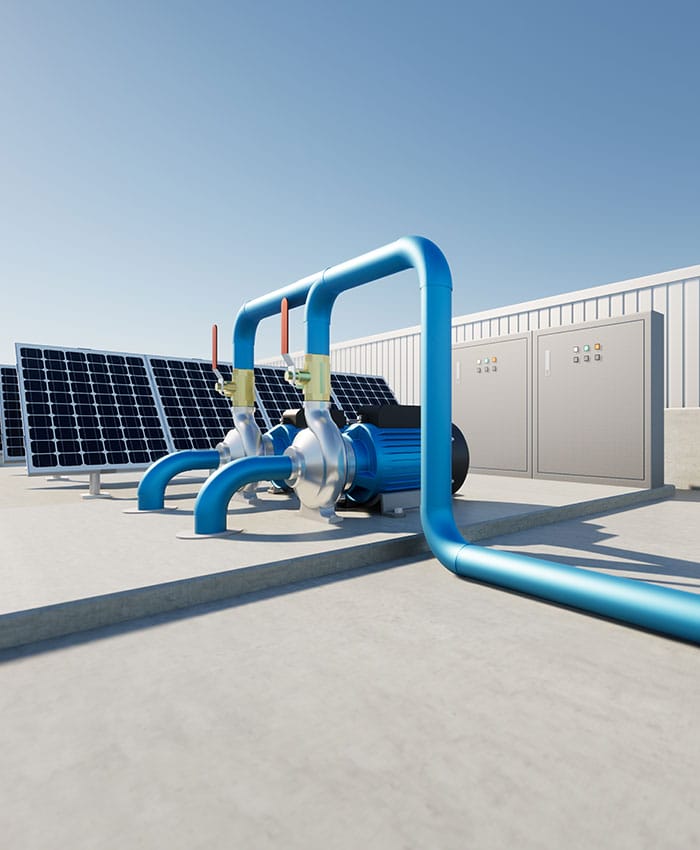 Image of solar water pumps in the roof with solar panels.