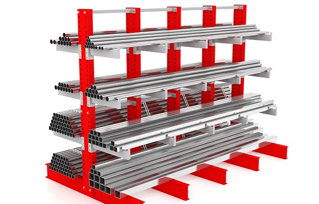 Image of industrial Cantilever Racks loaded with pipes.
