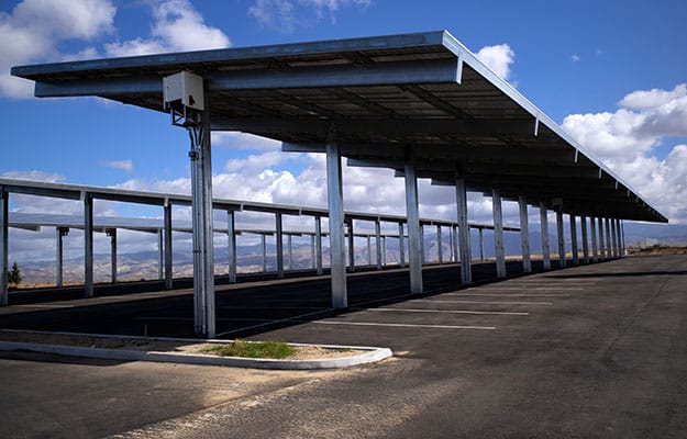 Solar panels installed on car park roofs.