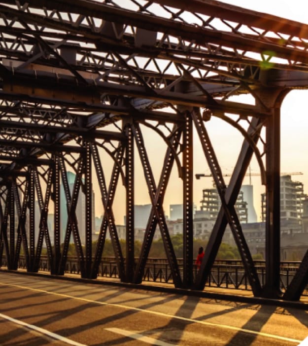 Steel structure of a pre-fabricated metal bridge.