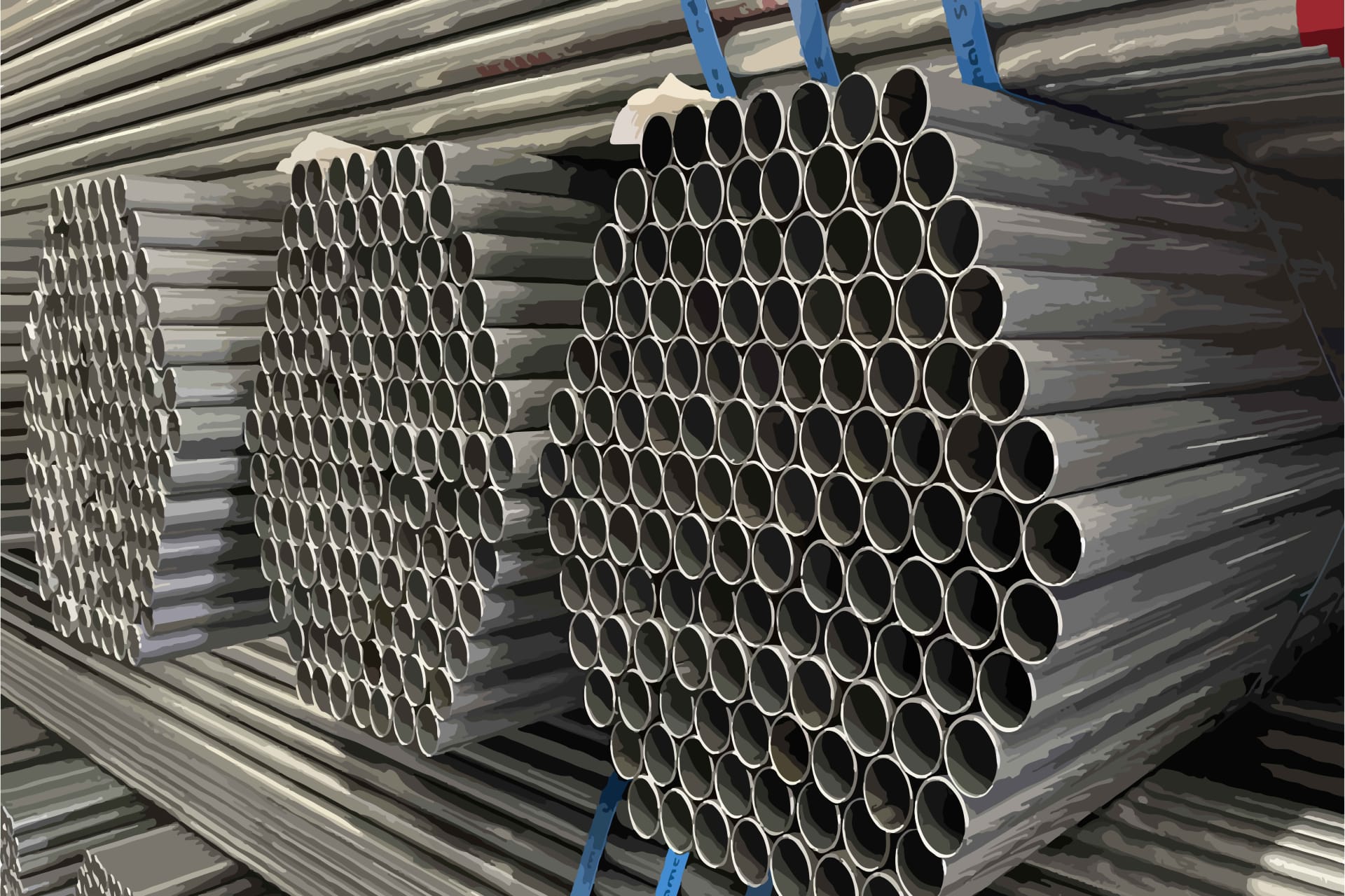 Image of circular hollow sections arranged in an industrial storage.