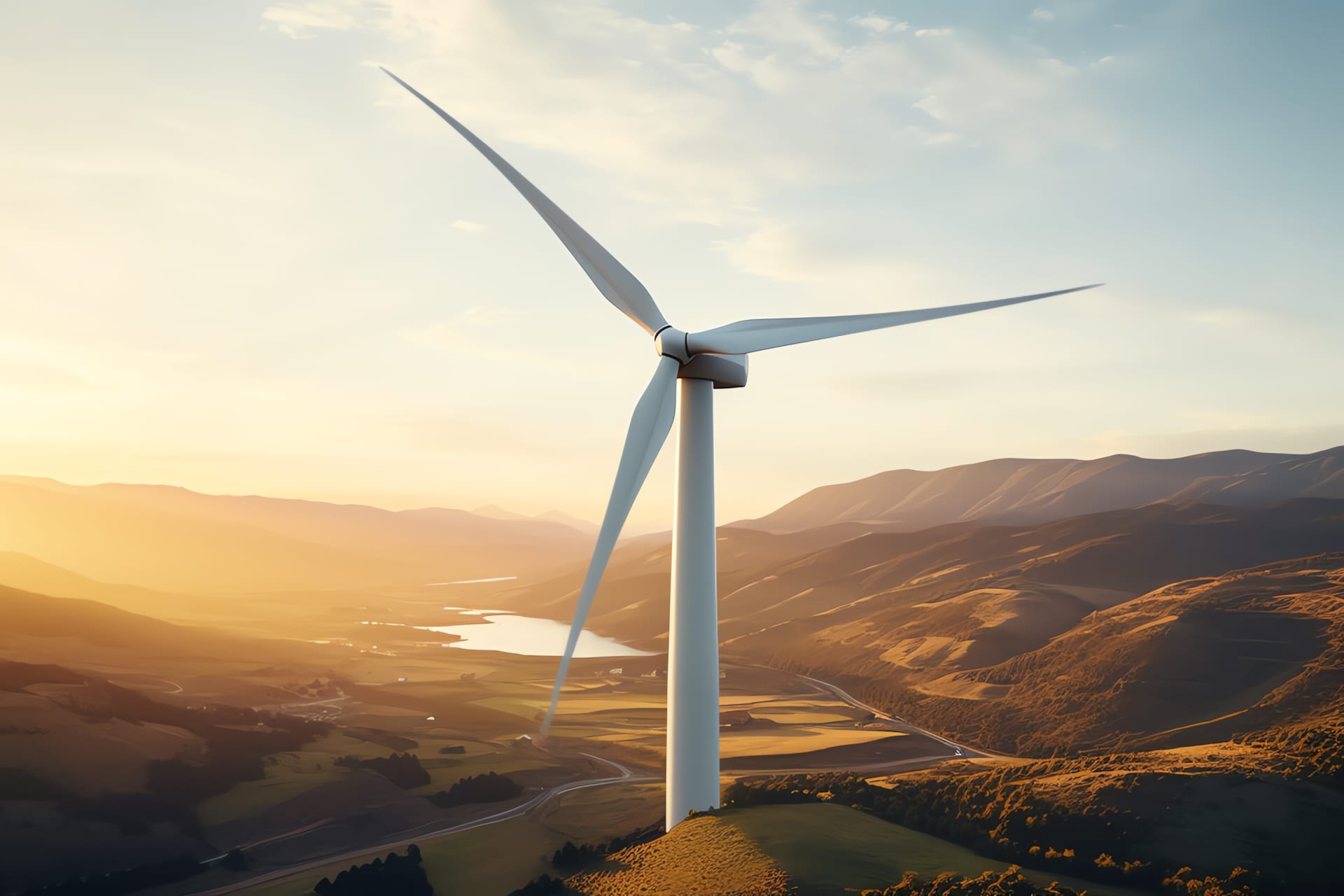 The image of a windmill in hill areas.